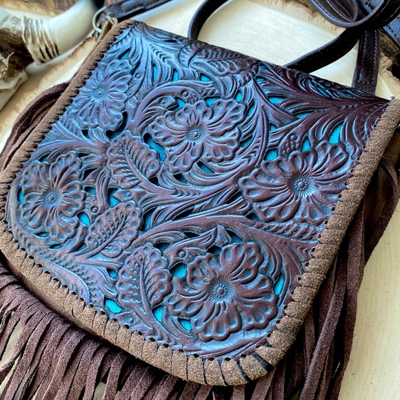 Western Leather Crossbody Fringe Tooled purse bag - Picture 5 of 10